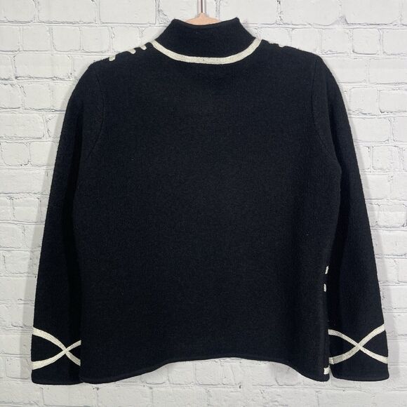 Talbots Wool Jacket Women Size PM Black Ivory Brading Zip Long Sleeve Preppy - Picture 2 of 12